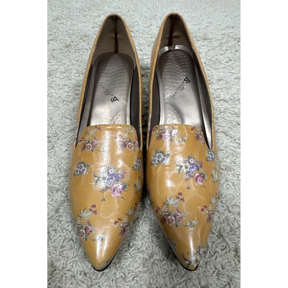 Bellini Gold Bobcat Floral Kitten Heel Pumps Women's 12W Shoes Cottage Coquette - Picture 2 of 13
